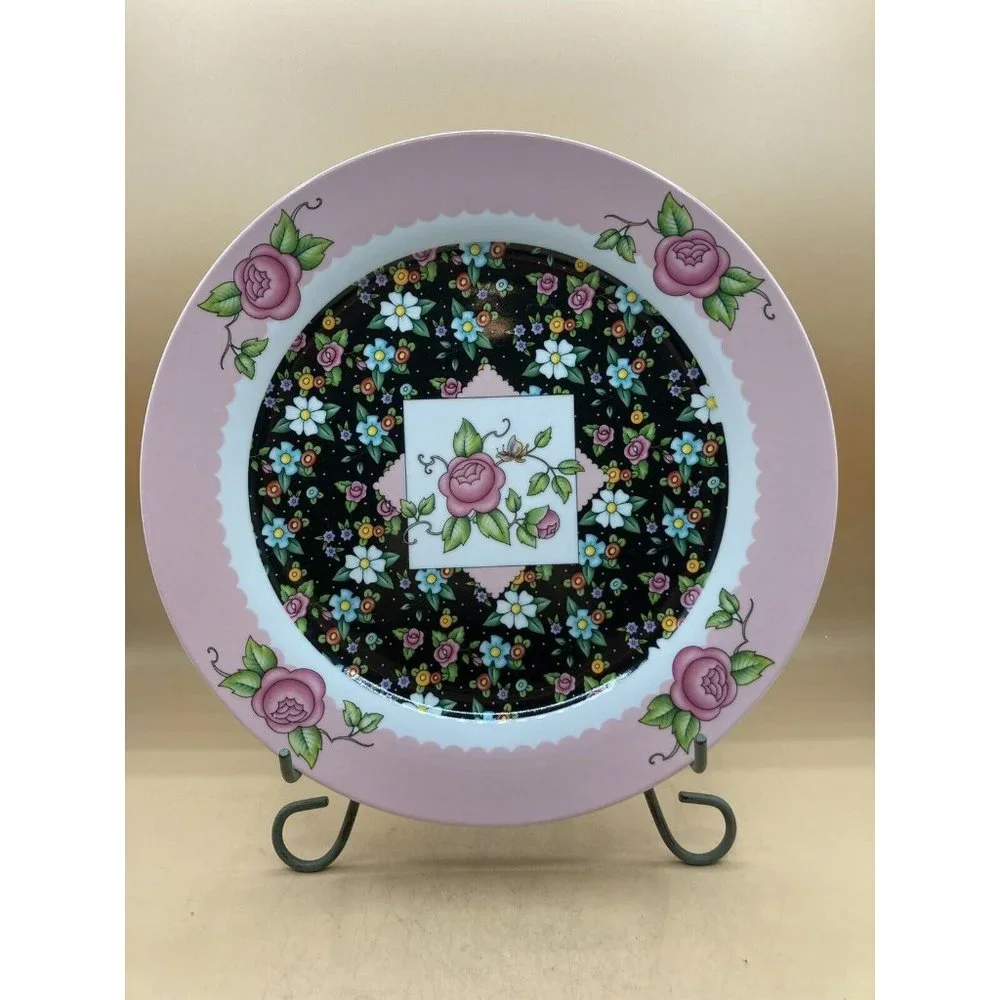 ME Mary Engelbreit Chinz Charming Black Pink Rim Flowers Platter 12